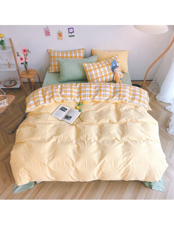 Ins simple style all cotton washed cotton four piece set cream color skin friendly pure cotton quilt cover bed sheet lattice bedding 