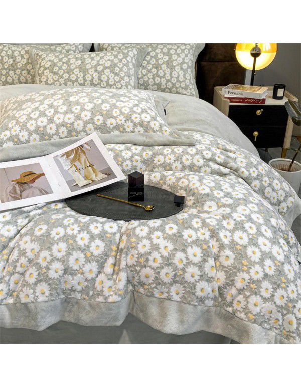 Winter thickened coral fleece milk fleece four piece set double faced Plush quilt cover sheet flannel bedding package mail 