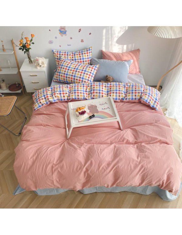 Ins simple style all cotton washed cotton four piece set cream color skin friendly pure cotton quilt cover bed sheet lattice bedding 