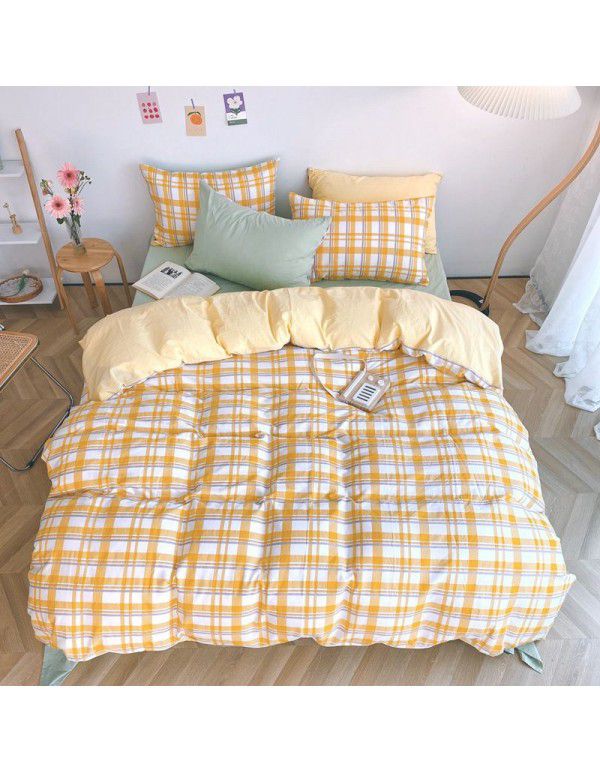 Ins simple style all cotton washed cotton four piece set cream color skin friendly pure cotton quilt cover bed sheet lattice bedding 