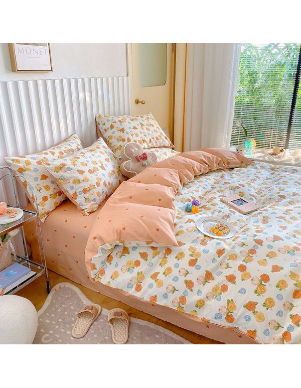 Simple small floral pure cotton 4-piece set on bed, 60 pieces of pure cotton, small and fresh bed sheets, fitted sheets, 3-piece set wholesale