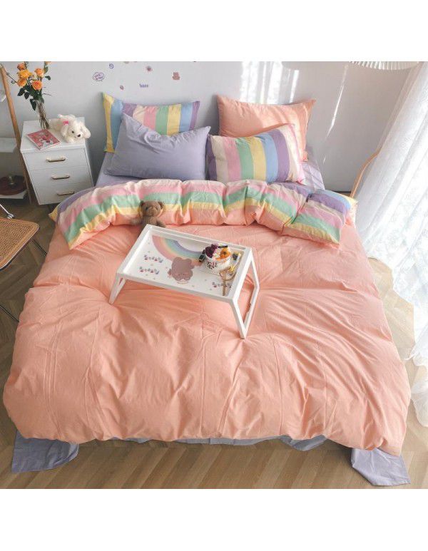 Ins simple style all cotton washed cotton four piece set cream color skin friendly pure cotton quilt cover bed sheet lattice bedding 