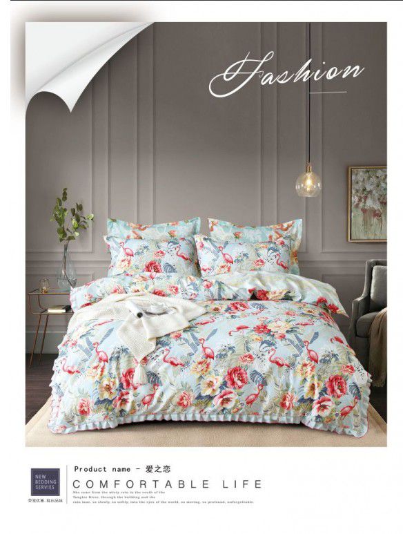 Supply bedding home textile autumn and winter thickened frosted emerald cotton four piece quilt cover three piece fitted sheet set 