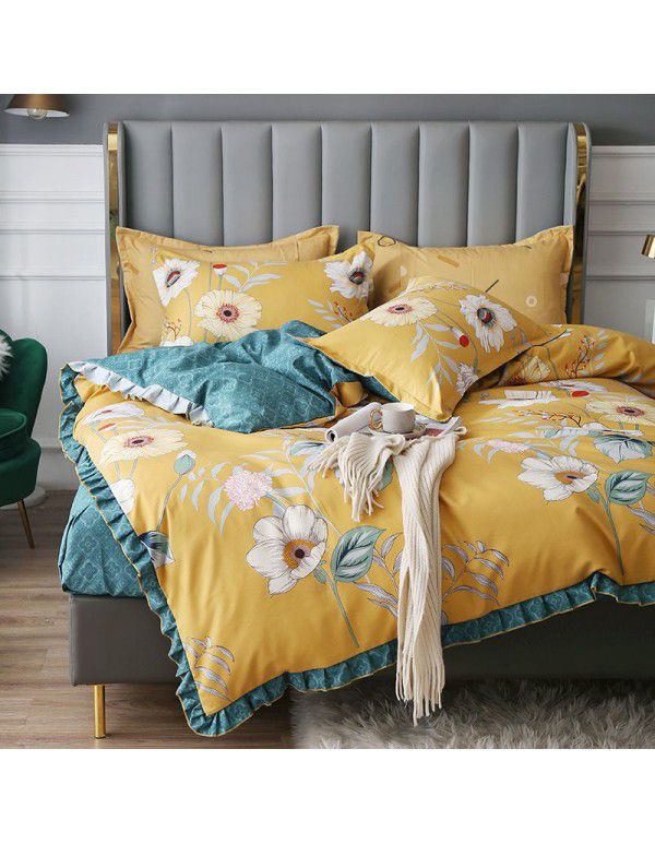 Supply bedding home textile autumn and winter thickened frosted emerald cotton four piece quilt cover three piece fitted sheet set 