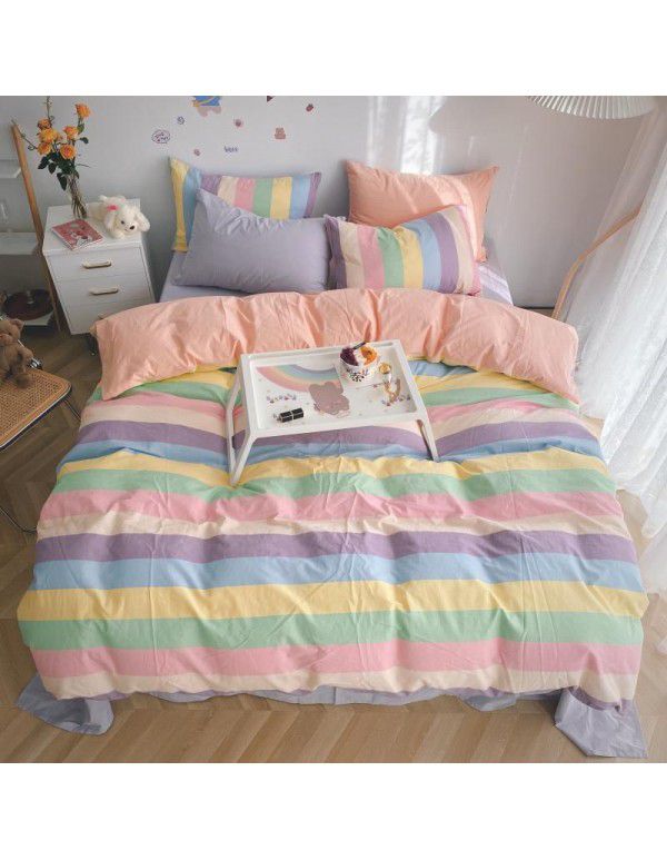 Ins simple style all cotton washed cotton four piece set cream color skin friendly pure cotton quilt cover bed sheet lattice bedding 
