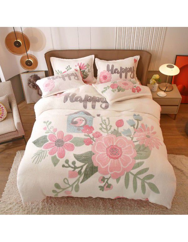 Micro business explosion large version cartoon snowflake velvet four piece set coral velvet winter Plush quilt cover bed sheet double-sided flannel 