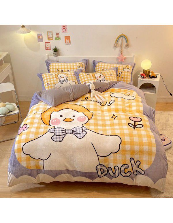 Micro business explosion large version cartoon snowflake velvet four piece set coral velvet winter Plush quilt cover bed sheet double-sided flannel 