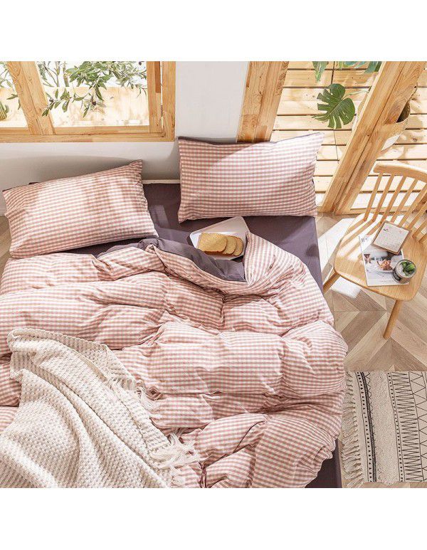 Simple Nordic style bedding four piece quilt sheet washed cotton quilt cover pure cotton solid color bed sheet fitted sheet 