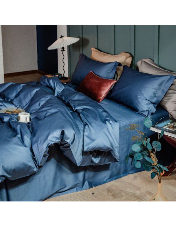 Simple 100 thread count horse cotton solid color four piece set pure cotton all cotton Hotel quilt cover light luxury naked sleeping Satin 1.8 bedding 