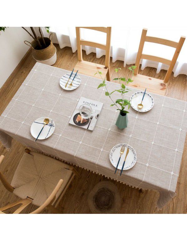 Modern simple cotton linen solid color square grid dustproof tablecloth rectangular tassel tea table table hotel tablecloth table mat 