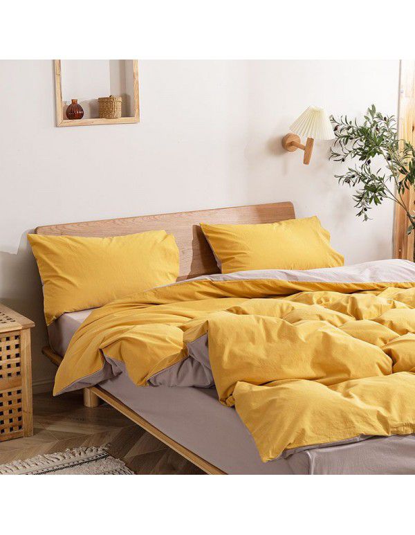 Nordic style four piece set all cotton yarn dyed washed cotton bed sheet quilt cover bedding dormitory three piece fitted sheet 