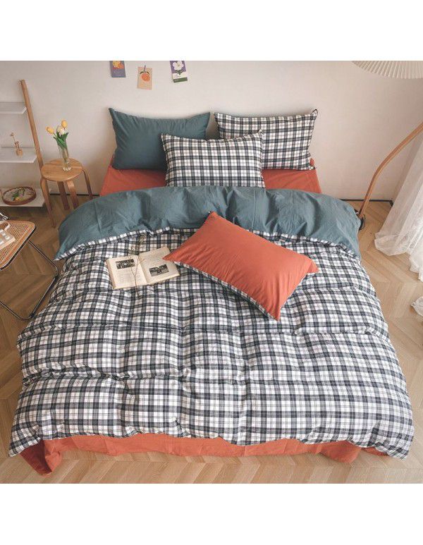 Ins simple style all cotton washed cotton four piece set cream color skin friendly pure cotton quilt cover bed sheet lattice bedding 