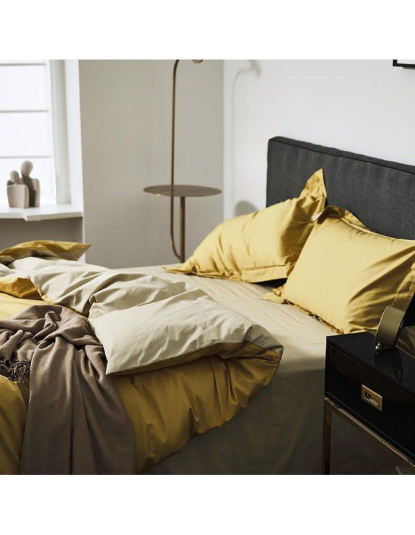 Simple 100 thread count horse cotton solid color four piece set pure cotton all cotton Hotel quilt cover light luxury naked sleeping Satin 1.8 bedding 