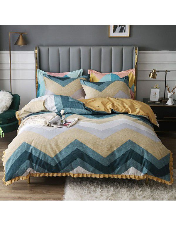Supply bedding home textile autumn and winter thickened frosted emerald cotton four piece quilt cover three piece fitted sheet set 