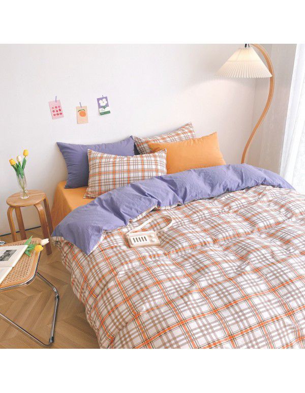Ins simple style all cotton washed cotton four piece set cream color skin friendly pure cotton quilt cover bed sheet lattice bedding 