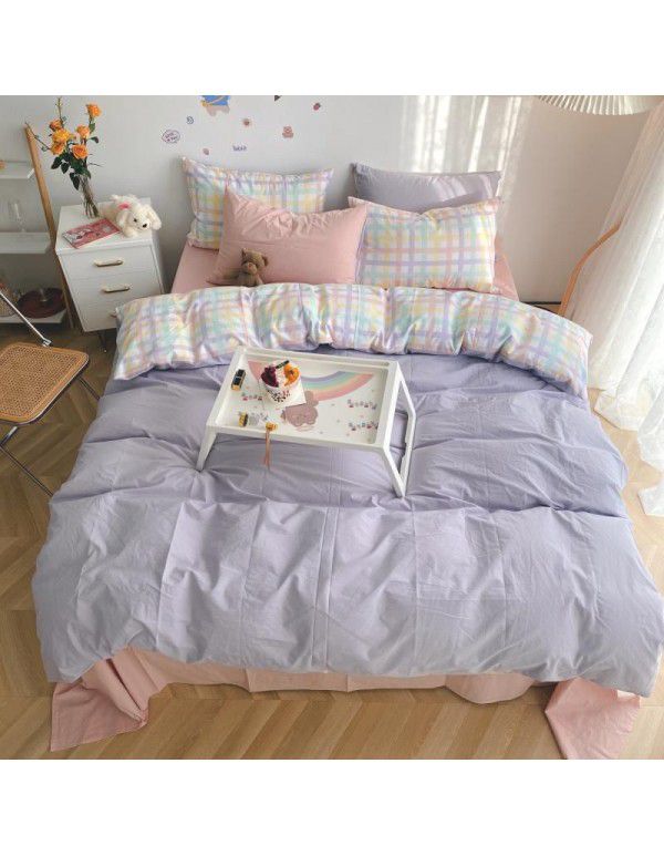 Ins simple style all cotton washed cotton four piece set cream color skin friendly pure cotton quilt cover bed sheet lattice bedding 