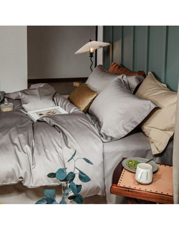 Simple 100 thread count horse cotton solid color four piece set pure cotton all cotton Hotel quilt cover light luxury naked sleeping Satin 1.8 bedding 