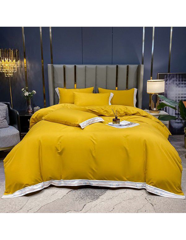 Manufacturer wholesale solid color embroidery thickened four piece quilt cover, bed sheet, double three piece fitted sheet, bed products issued on behalf 