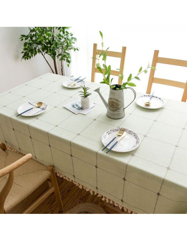 Modern simple cotton linen solid color square grid dustproof tablecloth rectangular tassel tea table table hotel tablecloth table mat 