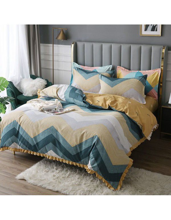Supply bedding home textile autumn and winter thickened frosted emerald cotton four piece quilt cover three piece fitted sheet set 