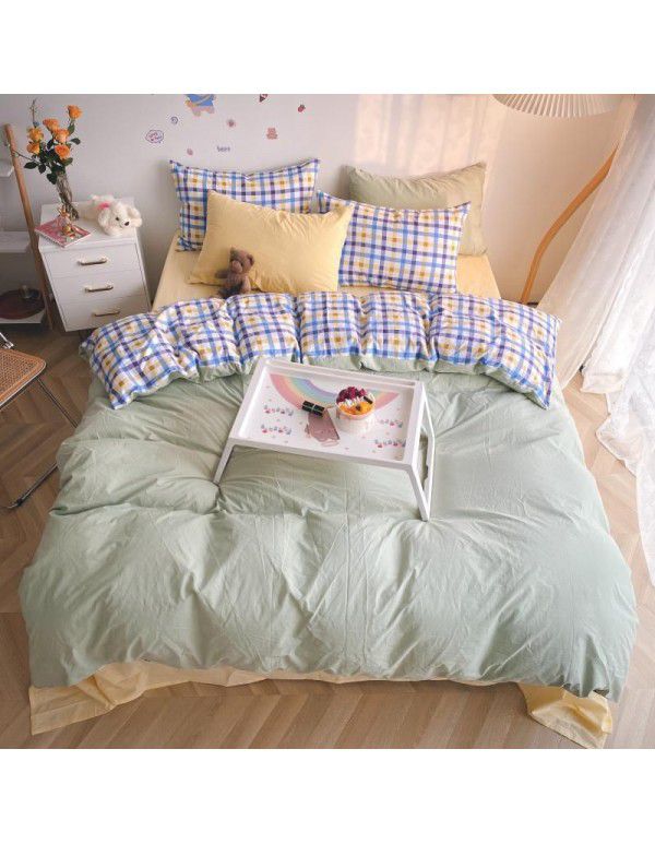 Ins simple style all cotton washed cotton four piece set cream color skin friendly pure cotton quilt cover bed sheet lattice bedding 