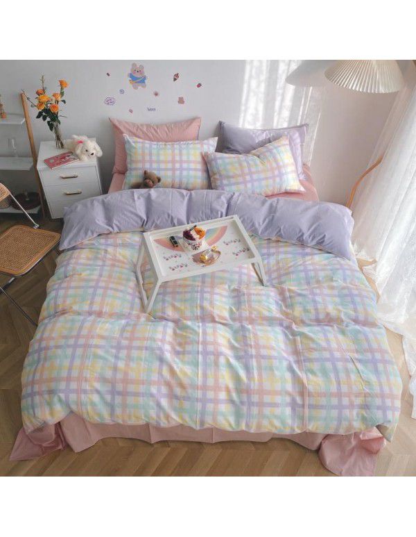 Ins simple style all cotton washed cotton four piece set cream color skin friendly pure cotton quilt cover bed sheet lattice bedding 