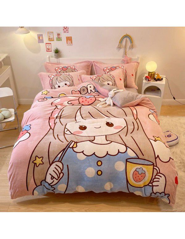 Micro business explosion large version cartoon snowflake velvet four piece set coral velvet winter Plush quilt cover bed sheet double-sided flannel 