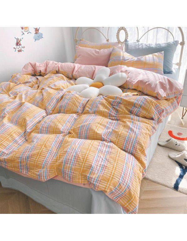 Ins simple style all cotton washed cotton four piece set cream color skin friendly pure cotton quilt cover bed sheet lattice bedding 