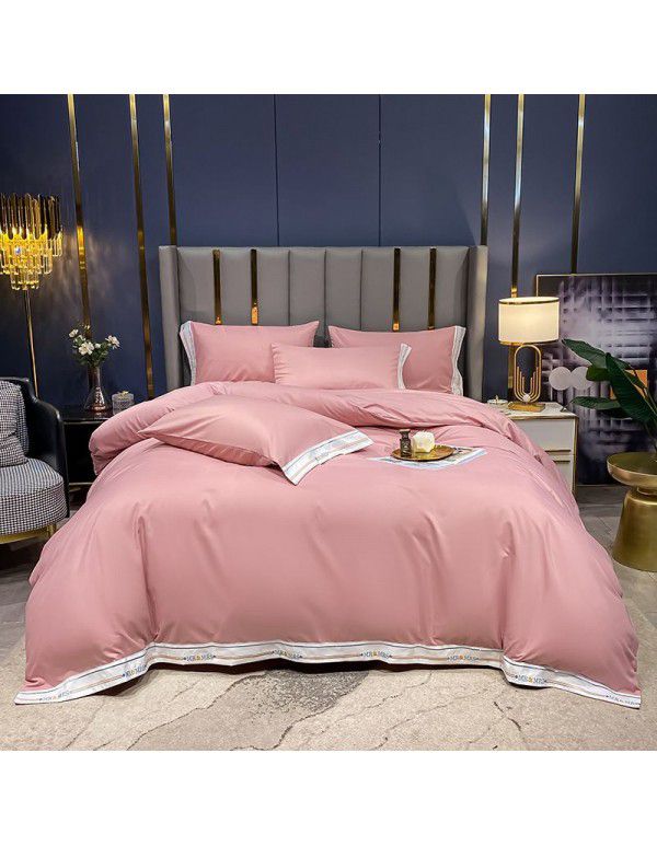 Manufacturer wholesale solid color embroidery thickened four piece quilt cover, bed sheet, double three piece fitted sheet, bed products issued on behalf 