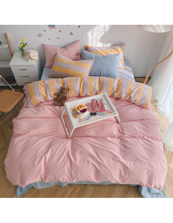 Ins simple style all cotton washed cotton four piece set cream color skin friendly pure cotton quilt cover bed sheet lattice bedding 