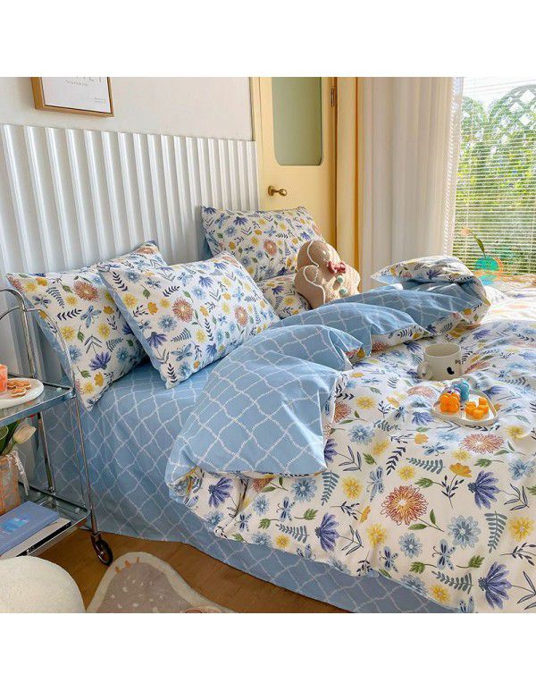 Simple small floral pure cotton 4-piece set on bed, 60 pieces of pure cotton, small and fresh bed sheets, fitted sheets, 3-piece set wholesale