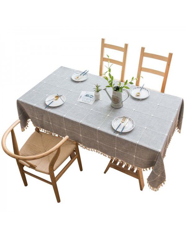 Modern simple cotton linen solid color square grid dustproof tablecloth rectangular tassel tea table table hotel tablecloth table mat 