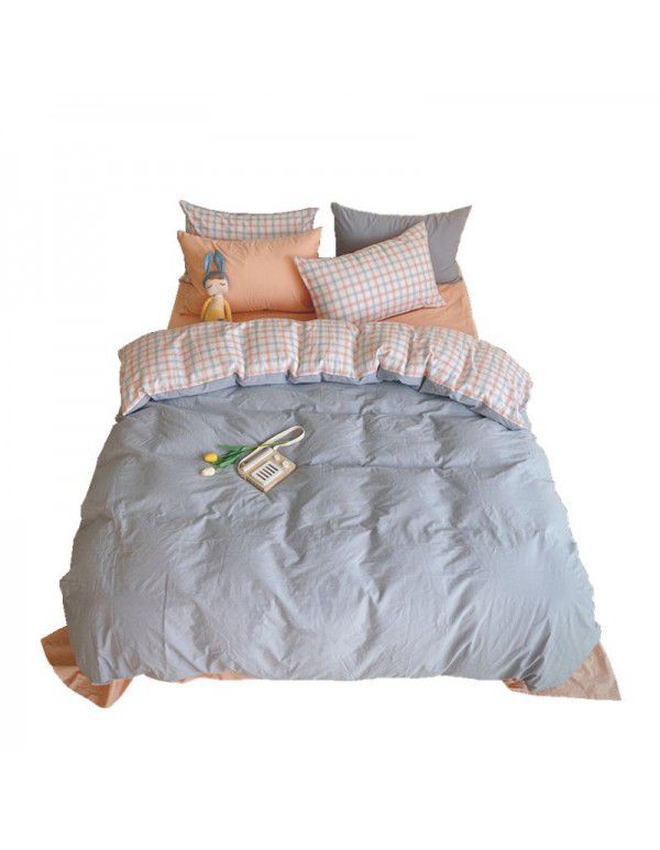 Ins simple style all cotton washed cotton four piece set cream color skin friendly pure cotton quilt cover bed sheet lattice bedding 