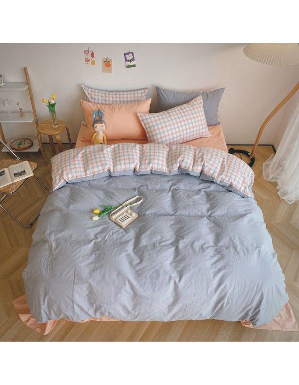 Ins simple style all cotton washed cotton four piece set cream color skin friendly pure cotton quilt cover bed sheet lattice bedding 