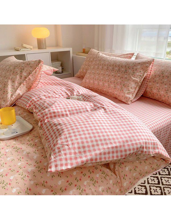 Simple small floral pure cotton 4-piece set on bed, 60 pieces of pure cotton, small and fresh bed sheets, fitted sheets, 3-piece set wholesale