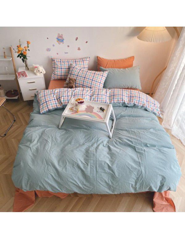 Ins simple style all cotton washed cotton four piece set cream color skin friendly pure cotton quilt cover bed sheet lattice bedding 
