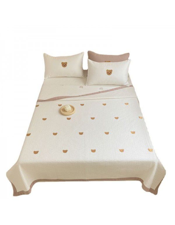 Ins style Korean bear embroidered cotton blanket cover pure cotton bed cover three piece set sandwiched cotton bed sheet four seasons quilted thin quilt 