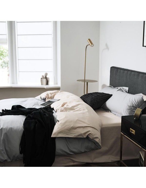 Simple 100 thread count horse cotton solid color four piece set pure cotton all cotton Hotel quilt cover light luxury naked sleeping Satin 1.8 bedding 