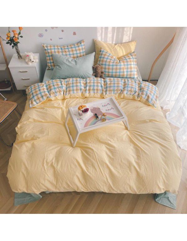 Ins simple style all cotton washed cotton four piece set cream color skin friendly pure cotton quilt cover bed sheet lattice bedding 