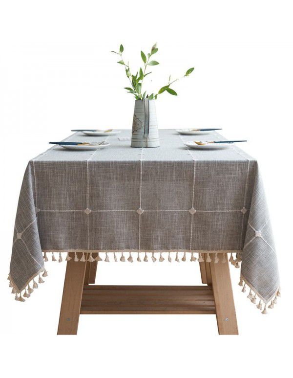 Modern simple cotton linen solid color square grid dustproof tablecloth rectangular tassel tea table table hotel tablecloth table mat 