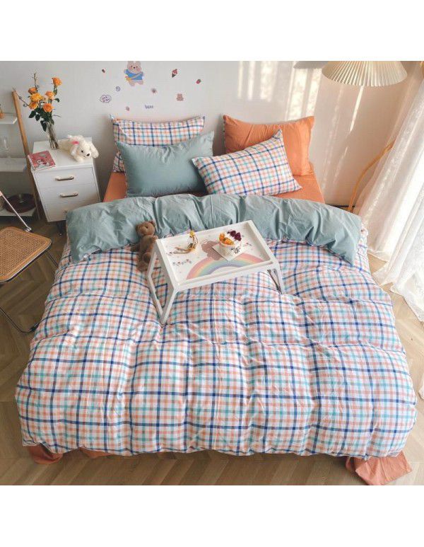 Ins simple style all cotton washed cotton four piece set cream color skin friendly pure cotton quilt cover bed sheet lattice bedding 