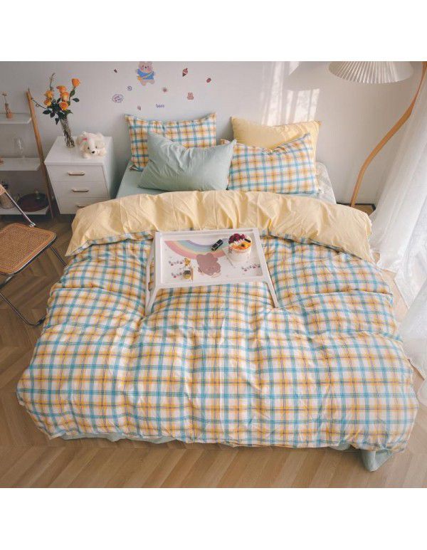 Ins simple style all cotton washed cotton four piece set cream color skin friendly pure cotton quilt cover bed sheet lattice bedding 