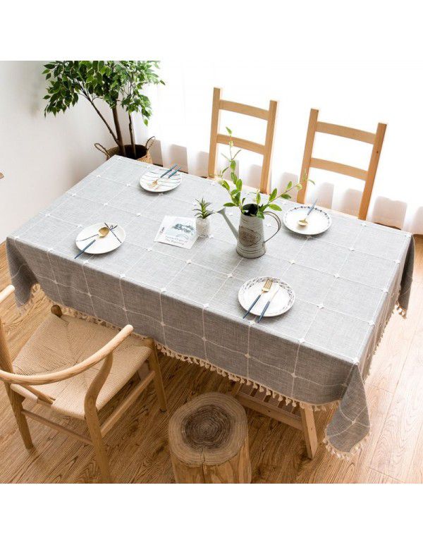 Modern simple cotton linen solid color square grid dustproof tablecloth rectangular tassel tea table table hotel tablecloth table mat 