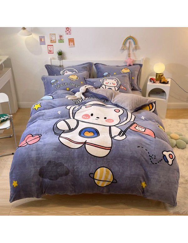 Micro business explosion large version cartoon snowflake velvet four piece set coral velvet winter Plush quilt cover bed sheet double-sided flannel 