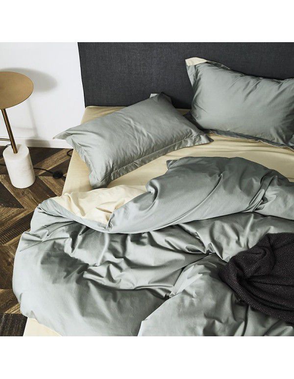 Simple 100 thread count horse cotton solid color four piece set pure cotton all cotton Hotel quilt cover light luxury naked sleeping Satin 1.8 bedding 
