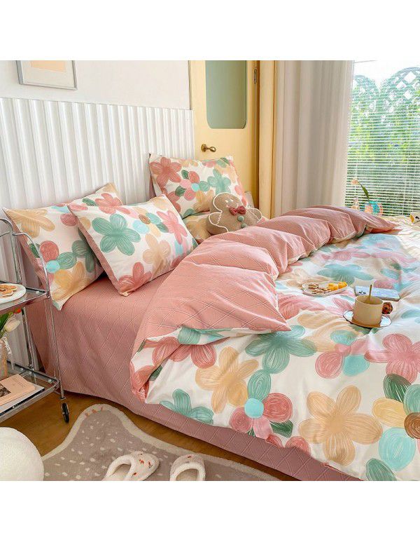 Simple small floral pure cotton 4-piece set on bed, 60 pieces of pure cotton, small and fresh bed sheets, fitted sheets, 3-piece set wholesale