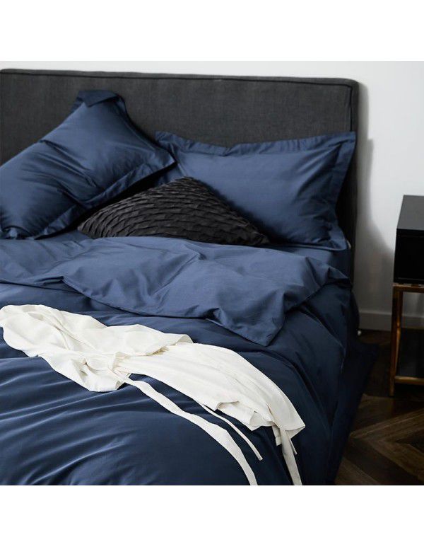 Simple 100 thread count horse cotton solid color four piece set pure cotton all cotton Hotel quilt cover light luxury naked sleeping Satin 1.8 bedding 