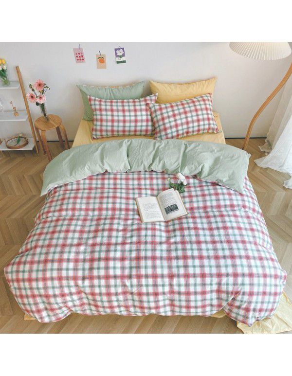 Ins simple style all cotton washed cotton four piece set cream color skin friendly pure cotton quilt cover bed sheet lattice bedding 