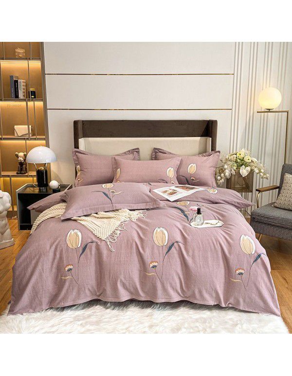 Cotton four piece set high quality ground wool cotton four piece set bedding sheet quilt cover 1.8 double bed four piece set 