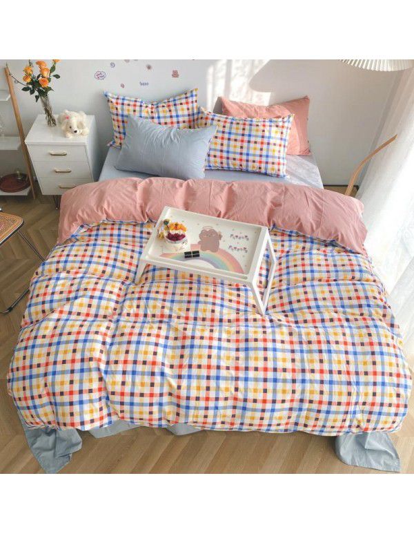Ins simple style all cotton washed cotton four piece set cream color skin friendly pure cotton quilt cover bed sheet lattice bedding 